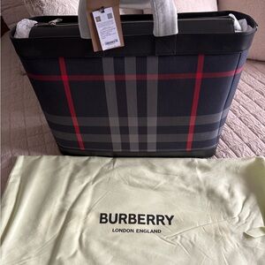 Burberry Men's Navy Plaid Tote Bag with Red Accent